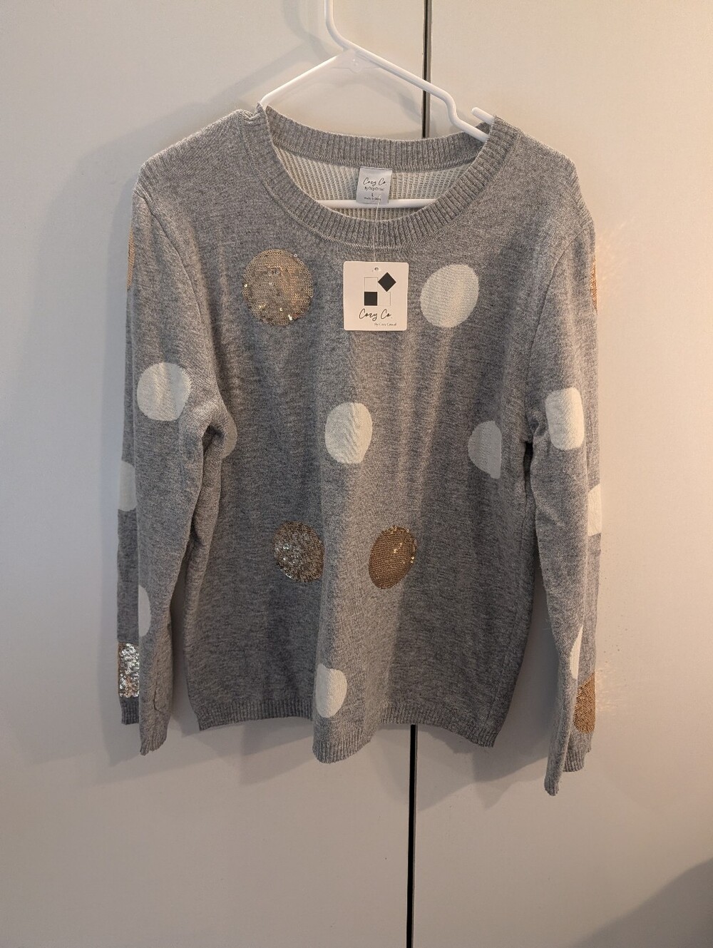 Cozy Co Womans L Woolblend Crewneck Polka Dot Sweater Gray/White & Gold Dots NWT